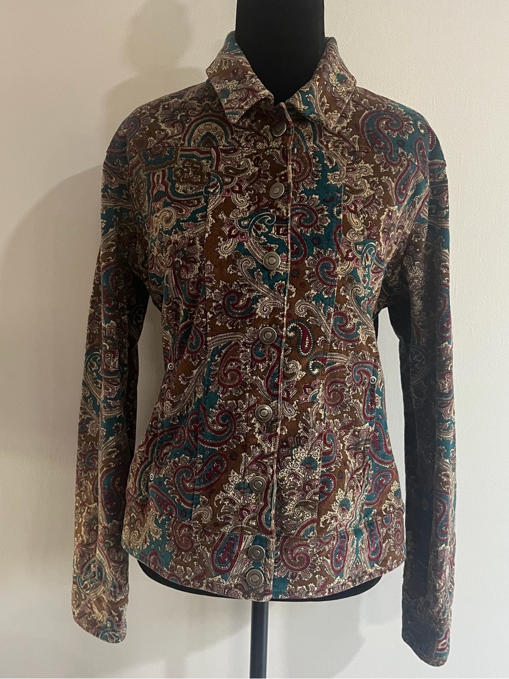 VINTAGE 5 Diamonds Brown Cream Teal Paisley Corduroy Cotton Women's Shirt Jacket